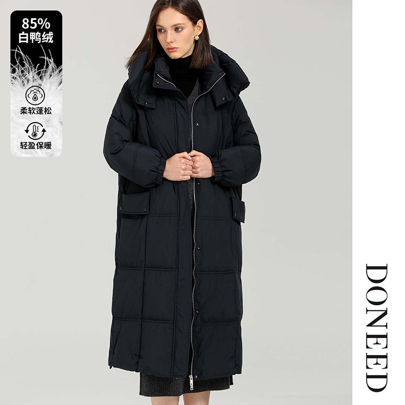 DONEED冬款时尚休闲加厚蓬松保暖宽松显瘦过膝长款连帽羽绒服女