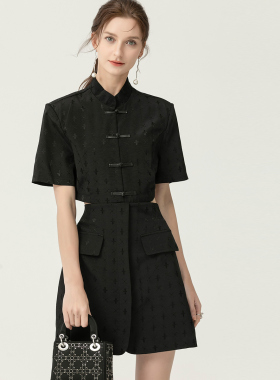 DONEED夏款中国风潮酷设计感露腰提花气质显瘦短袖连衣裙女