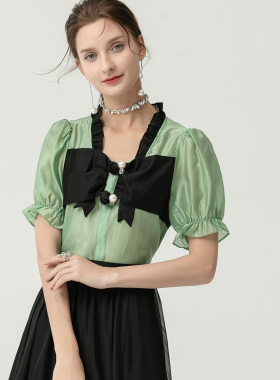 DONEED夏款法式优雅精致花边设计感方领蝴蝶结拼接设计衬衫上衣女