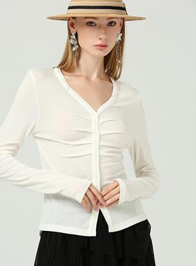 DONEED初春法式V领简约设计感褶皱休闲长袖纯色针织上衣女