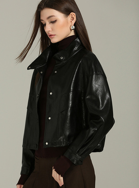 DONEED春款时尚复古机车立领短款箱型夹克设计感皮衣外套女