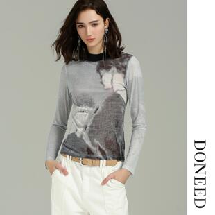 DONEED2026初春新款复古印花修身高弹网纱打底长袖套头上衣