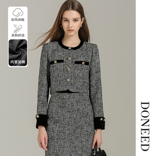 DONEED春款奢雅气质丝绒拼接撞色圆领短款小香风呢料外套女