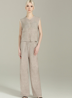 DONEED夏亚麻时尚小V领无袖通勤马甲+直筒阔腿裤两件套套装