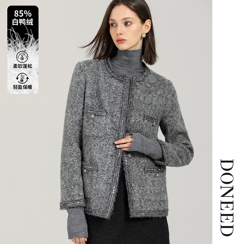 优雅气质毛呢质感花边羽绒外套