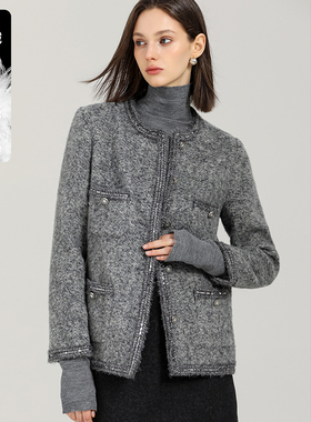 DONEED冬款时尚优雅气质毛呢质感花边设计感显瘦充羽绒外套女