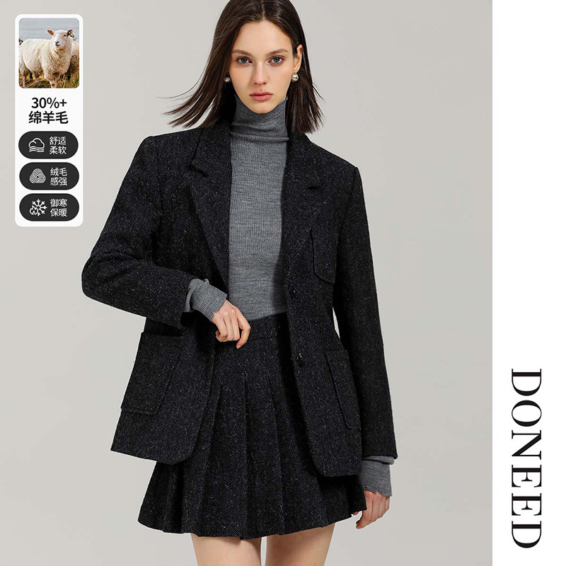 DONEED春款学院风内里夹棉廓形西装外套百褶裙毛呢两件套装女,女装/女士精品,时尚套装,淘宝优惠券,粉丝福利购,淘宝优惠卷