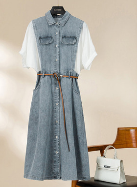 DONEED夏款文艺风减龄学院风牛仔裙拼接衬衫裙短袖连衣裙女