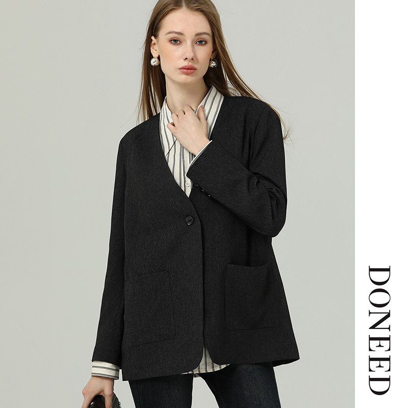 DONEED春气质无领廓形感一粒扣休闲宽松显瘦西装通勤外套女