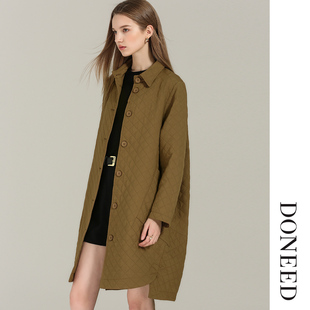 DONEED春秋款简约休闲宽松廓形翻领夹丝薄款棉衣中长款外套女