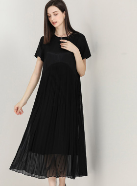 DONEED夏款简约休闲弧形拼接设计感压褶圆领短袖长款连衣裙