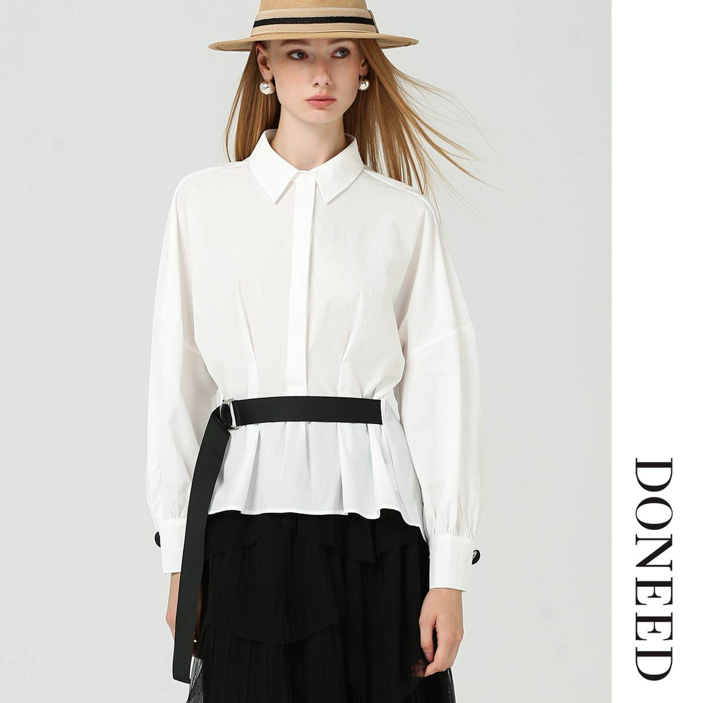 DONEED2025初秋优雅简约压褶带腰带收腰休闲通勤纯色衬衫女,女装/女士精品,衬衫,淘宝优惠券,粉丝福利购,淘宝优惠卷