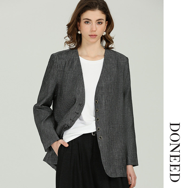 DONEED春款时尚气质无领廓形感棉麻休闲宽松显瘦西装通勤外套女