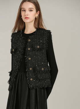 DONEED春款轻奢质感圆领小香风马甲女质感毛须边小众粗花呢背心