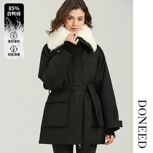 DONEED冬时尚复古仿皮草翻领保暖加厚配腰带宽松羽绒服外套女