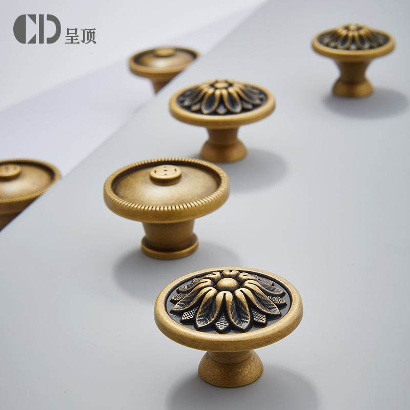 单孔古铜拉手复古衣柜门把手橱柜抽屉现代简约床头柜圆形轻奢黄铜