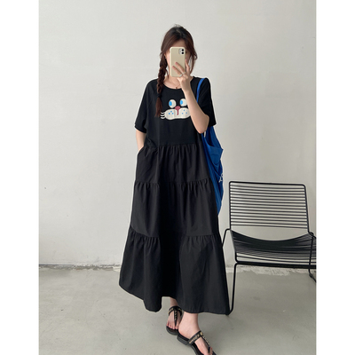 黑色印花t恤拼接连衣裙女2026夏季高级感气质减龄宽松短袖长裙子
