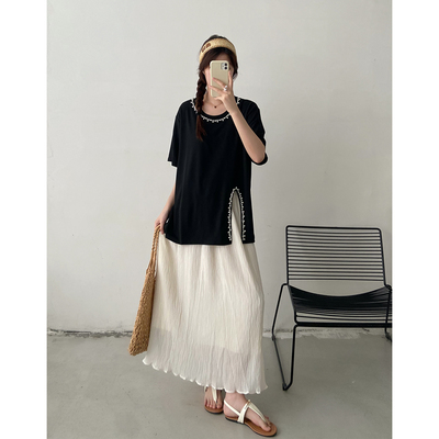 胖妹妹夏装新款开叉珍珠短袖T恤上衣两件套宽松显瘦半身裙套装潮