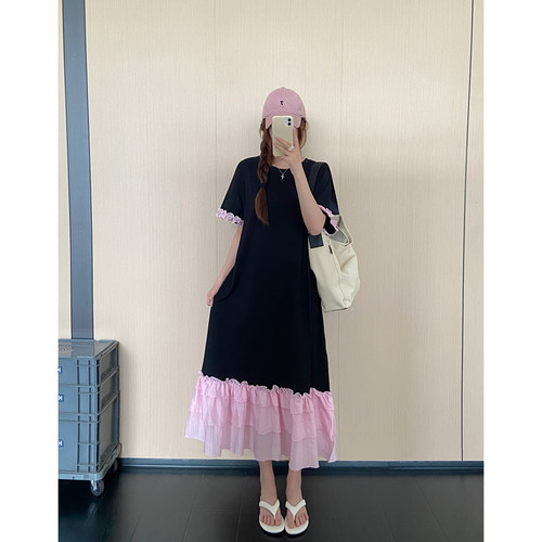 法式拼接撞色短袖连衣裙夏日新款宽松显瘦设计感遮肉休闲蛋糕长裙