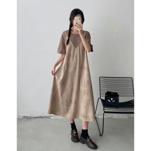 胖mm宽松遮肚子t恤裙 大码 设计感扎染吊带假两件连衣裙女夏季 新款