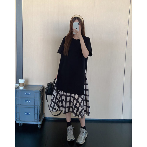 假两件黑色长款T恤裙女夏新款拼接格子慵懒风宽松显瘦短袖连衣裙