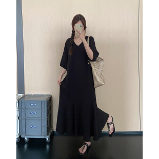 胖mm大码 连衣裙女韩系休闲懒人裙V领气质T恤裙子 宽松显瘦遮肉短袖