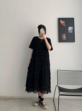 大码短袖连衣裙女2026夏季新款200斤胖妹妹洋气遮肚子蛋糕长裙潮