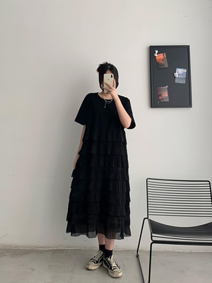 休闲A字型混纺拼接连衣裙