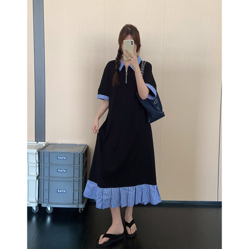 超长款大码宽松拼接格子短袖连衣裙女polo领黑色撞色荷叶边长裙子