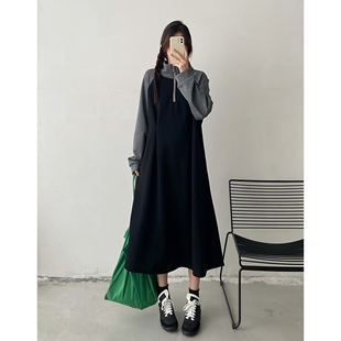 大码胖mm穿搭连衣裙女秋冬新款加绒加厚内搭打底a字裙子卫衣长裙