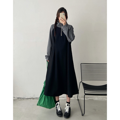 大码胖mm穿搭连衣裙女秋冬新款加绒加厚内搭打底a字裙子卫衣长裙