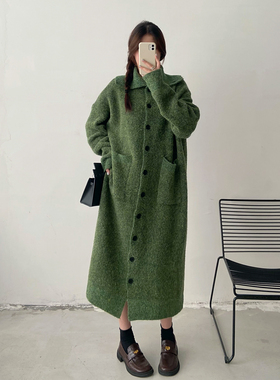 绿色超长款毛衣外套女2026冬季新款胖mm大码宽松开始针织连衣裙子