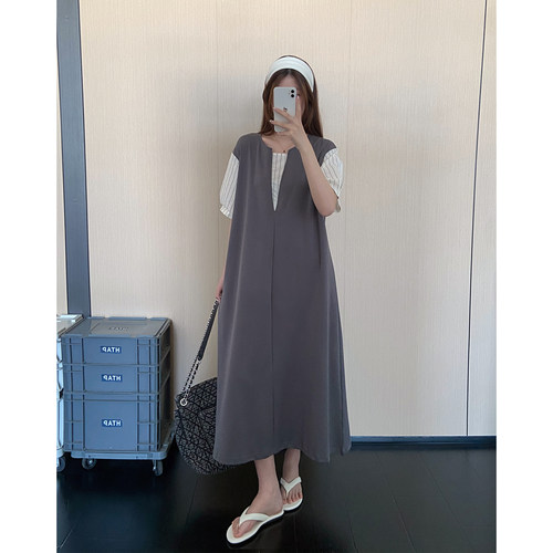 灰色高级感拼接假两件短袖连衣裙女夏季新款休闲气质宽松显瘦长裙