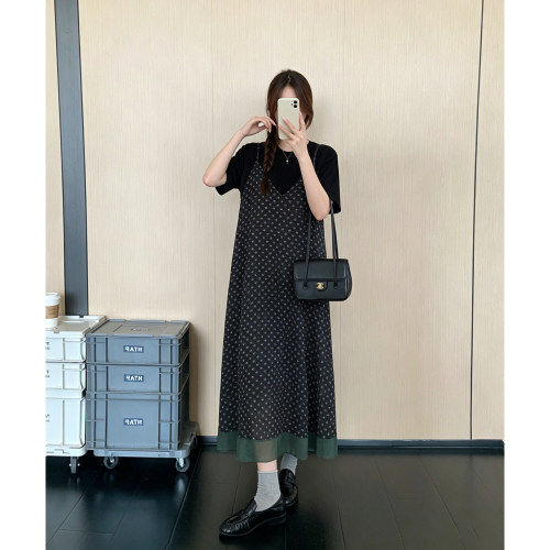 真两件套夏季新款吊带连衣裙2026韩系慵懒风转色宽松显瘦短袖裙子