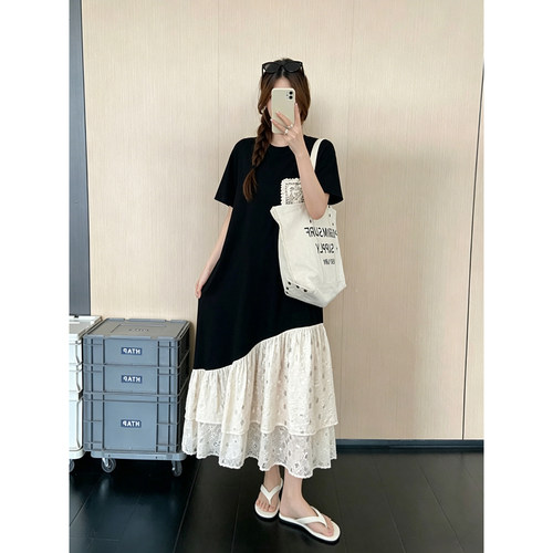 夏装新款宽松显瘦拼接短袖连衣裙女韩系设计感休闲时尚过膝长裙子