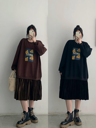 秋冬季新款加绒加厚卫衣裙女胖mm大码宽松拼接假两件长袖连衣裙潮