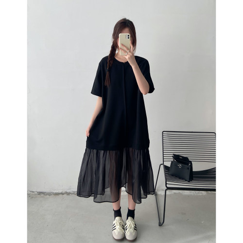 短袖网纱拼接连衣裙女2026夏季新款洋气大码显瘦宽松短袖T恤长裙