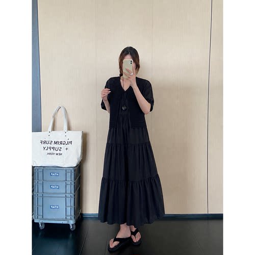 波西米亚风假两件短袖连衣裙女2026夏季新款宽松显瘦休闲过膝长裙
