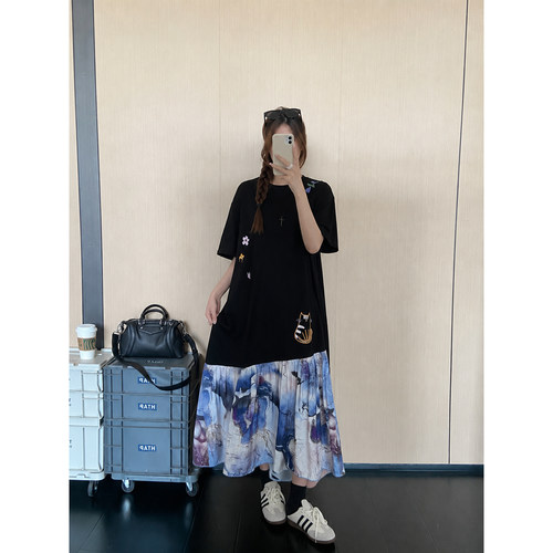拼接水墨画短袖T恤长裙2026夏季新款宽松遮肉拼接过膝休闲连衣裙