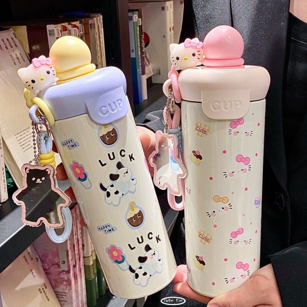 高颜值卡通保温杯女生可爱吸管挂绳便携大容量不锈钢水杯陶瓷覆层