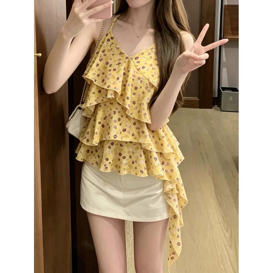 辣妹风黄色碎花荷叶边v领吊带背心女夏季不规则飘带宽松外穿上衣