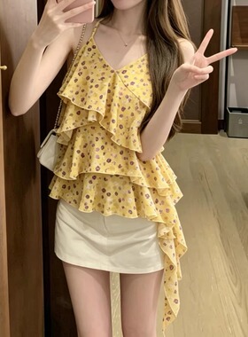 辣妹风黄色碎花荷叶边v领吊带背心女夏季不规则飘带宽松外穿上衣