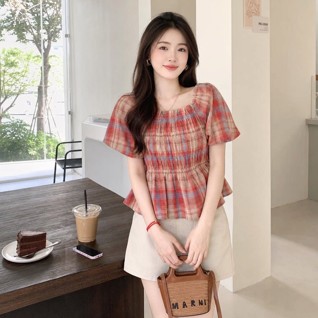法式泡泡袖甜美格子衬衫女