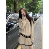 撞色Polo领长袖 百褶半身短裙子两件套 针织衫 毛衣女秋冬2024新款