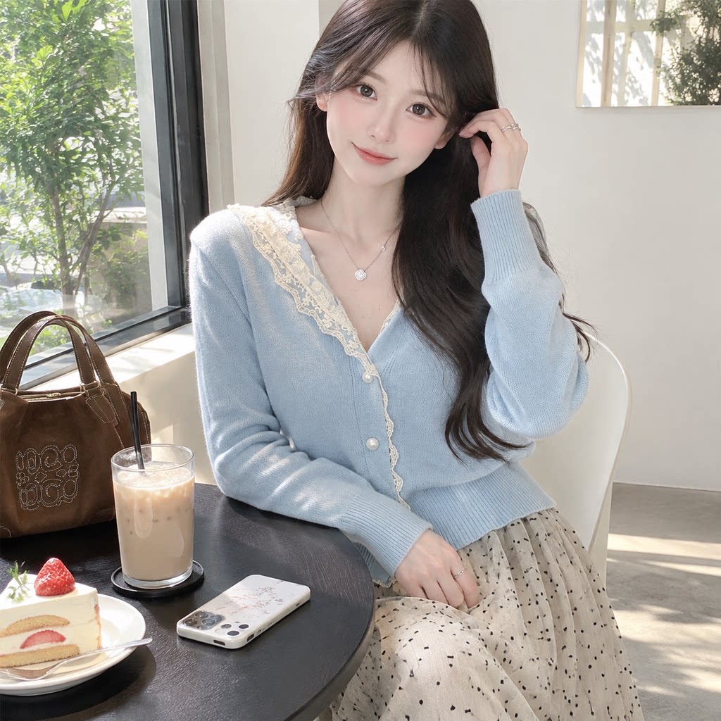 秋冬连帽蕾丝拼接针织开衫女