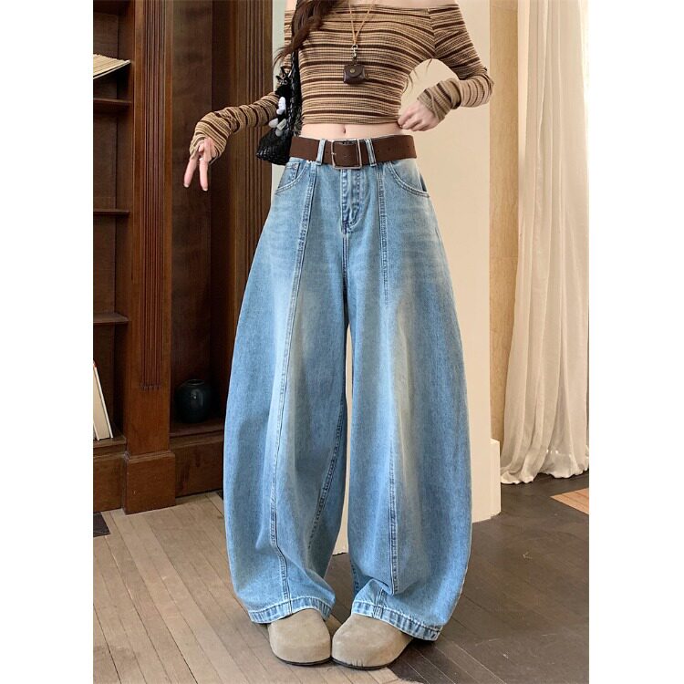 2026年美式复古弯刀阔腿牛仔裤女春秋新款高腰宽松水洗直筒拖地裤