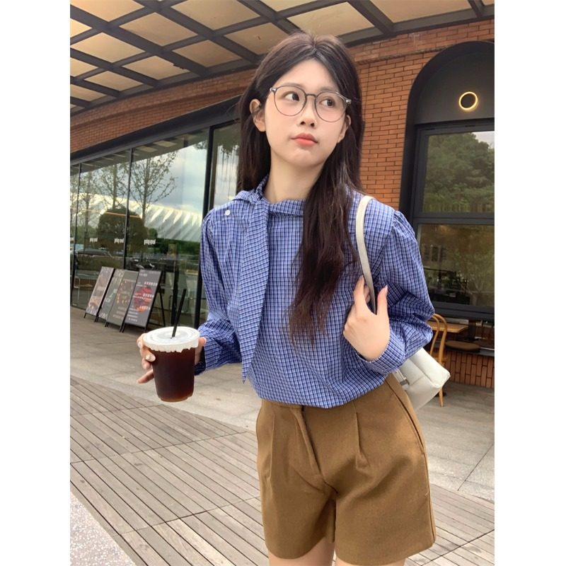 文艺复古蓝色格子系带外穿长袖衬衣女2026早秋设计感宽松衬衫上衣
