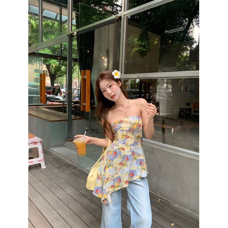 夏季碎花油画风收腰显瘦抹胸