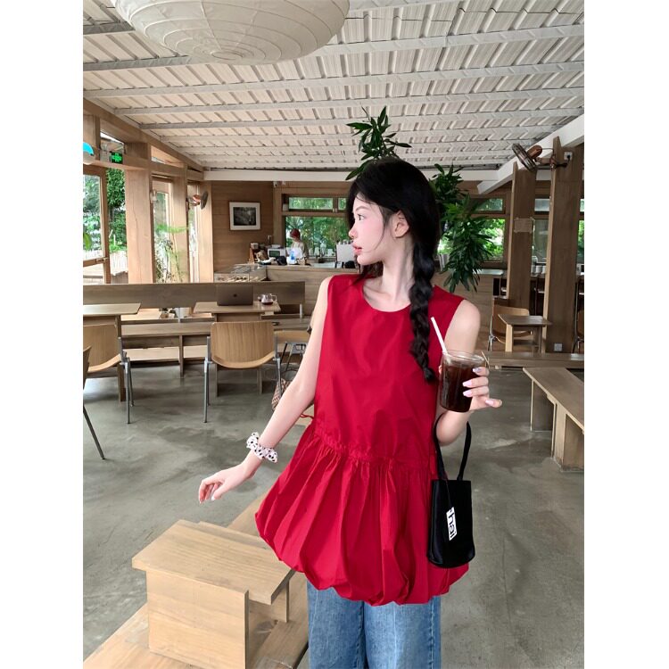 夏季轻奢红色花苞收腰衬衫