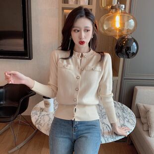 秋冬小香风针织开衫毛衣女圆领撞色轻熟纯色长袖喇叭袖针织打底衫